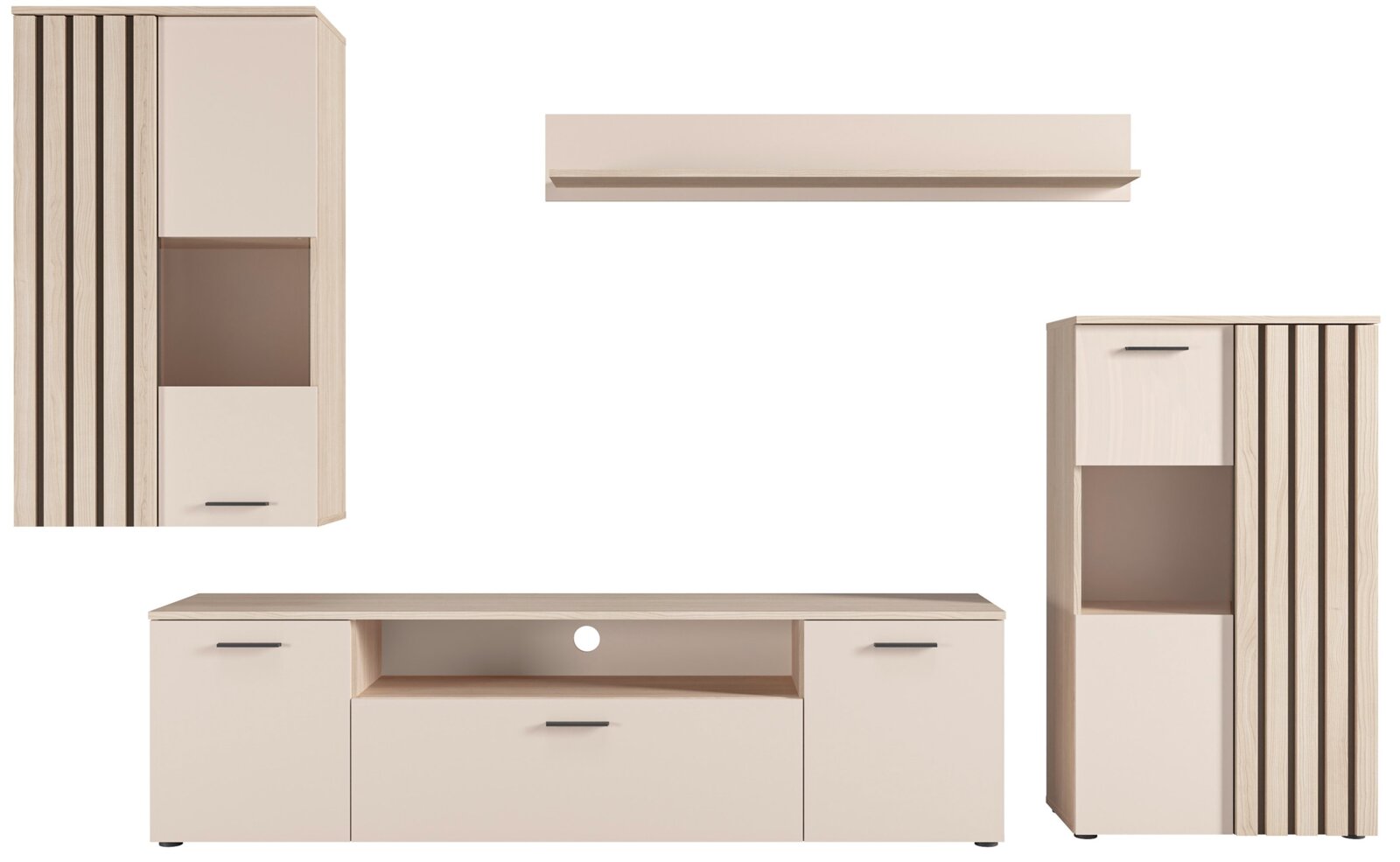 Wohnwand-Möbelset in hellem Holz und Creme mit TV-Lowboard, Hängeschrank, Wandregal und Hochschrank mit Lamellenfront und schwarzen Griffen, Ansicht frontal