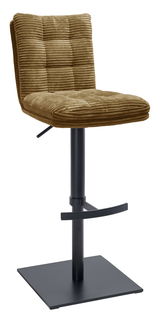 Barhocker mit braunem, geripptem Polster und schwarzem Metallgestell, seitliche Perspektive