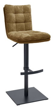 Barhocker mit braunem, geripptem Polster und schwarzem Metallgestell, seitliche Perspektive