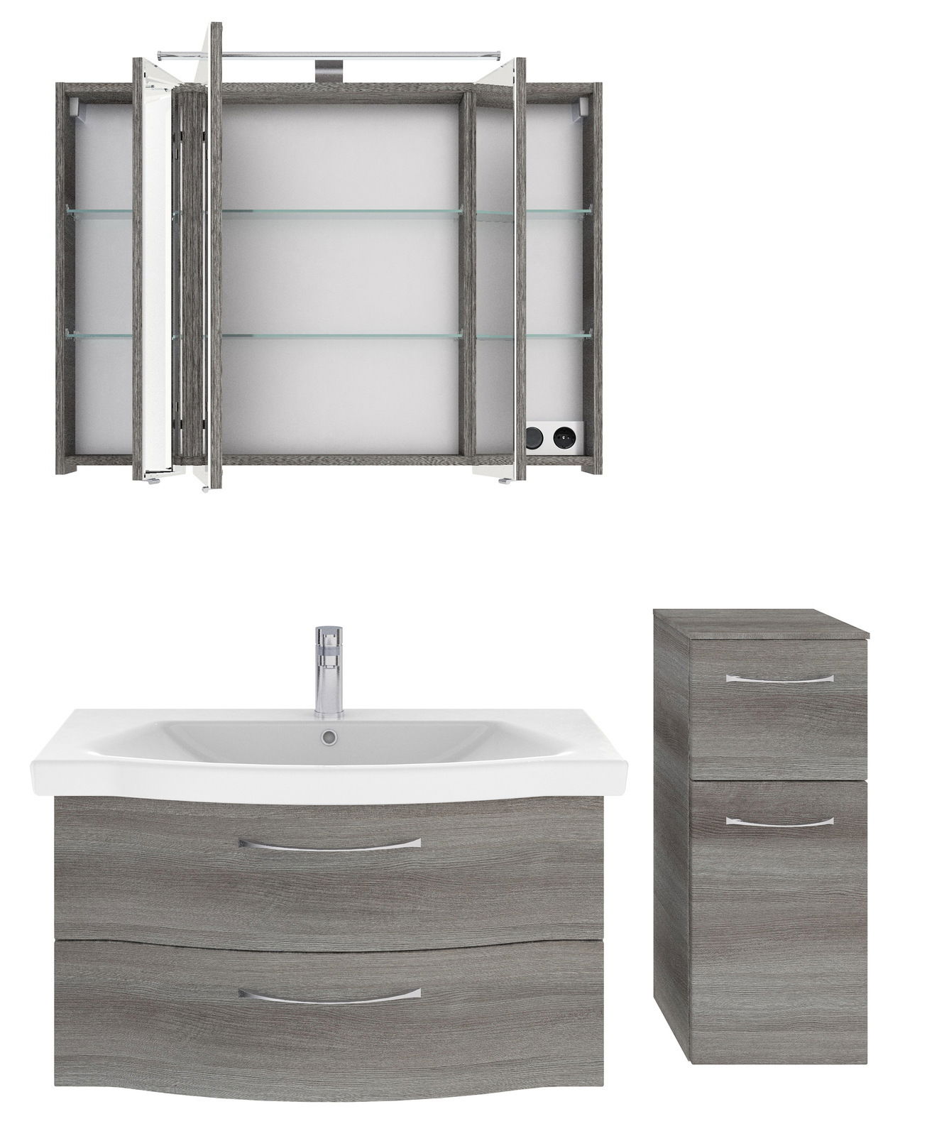 Badblock-Set mit grauem Holzfinish, bestehend aus einem Spiegelschrank mit Glasböden, einem Waschbeckenunterschrank mit zwei Schubladen und einem hohen Schrank mit zwei Schubladen, frontal abgebildet.