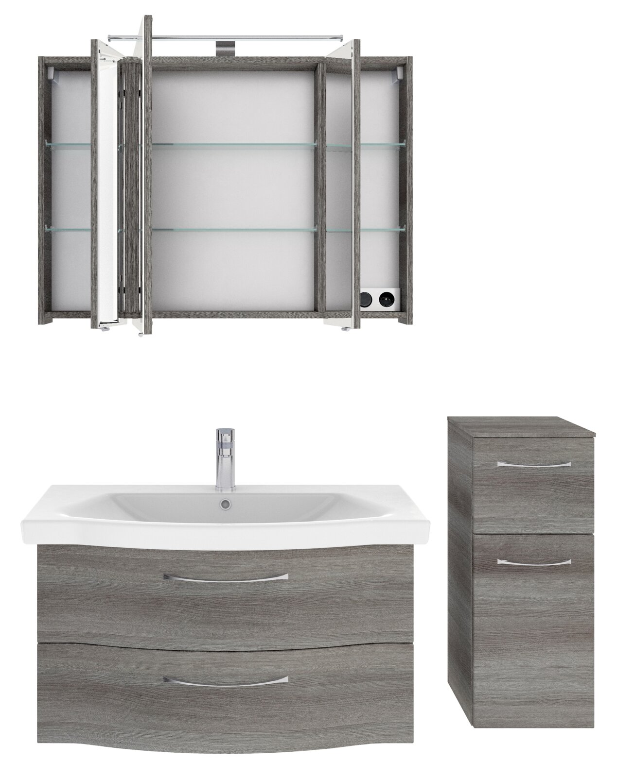 Badblock-Set mit grauem Holzfinish, bestehend aus einem Spiegelschrank mit Glasböden, einem Waschbeckenunterschrank mit zwei Schubladen und einem hohen Schrank mit zwei Schubladen, frontal abgebildet.