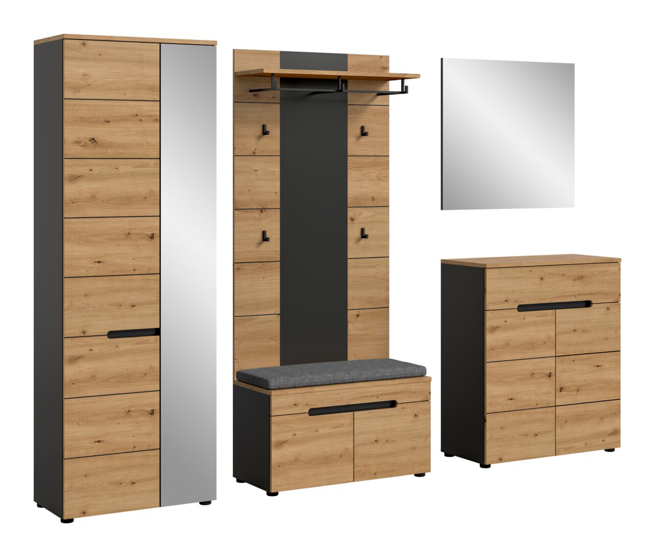MID.YOU Garderobenkombination CANU Modernes Garderoben-Set in Eiche-Optik mit schwarzen Akzenten: hoher Schrank mit Spiegel, Garderobenpaneel mit Hutablage und Haken, Sitzbank mit Polster sowie Kommode und separater Wandspiegel, dargestellt in frontaler Perspektive auf weißem Hintergrund.