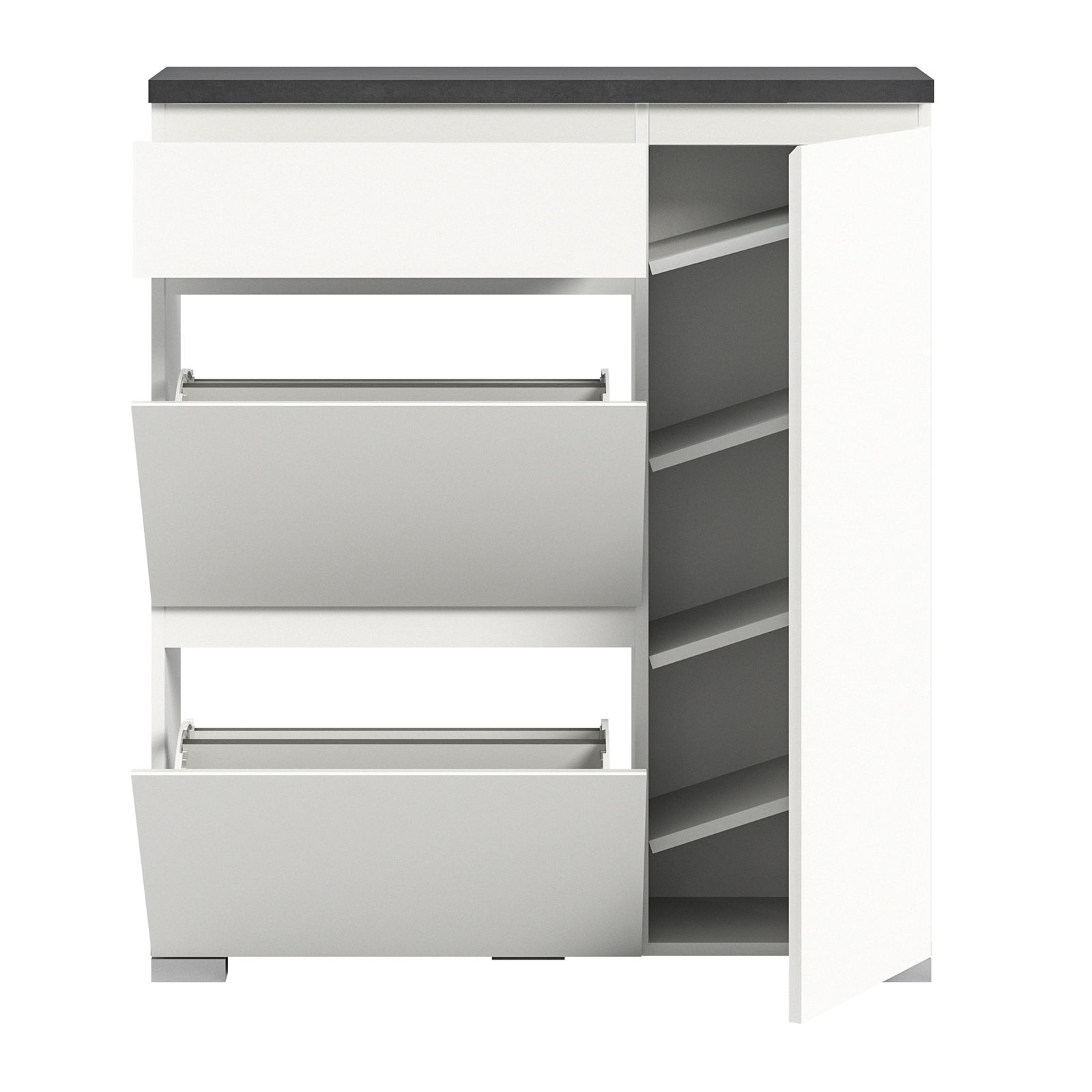 Weißer Schuhschrank mit zwei offenen Klappen und einer offenen Tür, Frontansicht