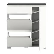 Weißer Schuhschrank mit zwei offenen Klappen und einer offenen Tür, Frontansicht