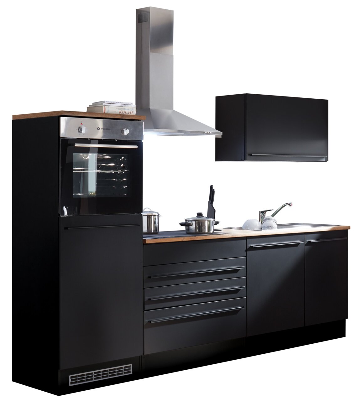 Moderne Küchenzeile in schwarzem Design mit integriertem Backofen, Dunstabzugshaube und Spüle, seitliche Perspektive
