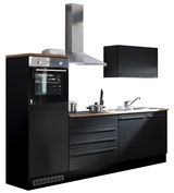 Moderne Küchenzeile in schwarzem Design mit integriertem Backofen, Dunstabzugshaube und Spüle, seitliche Perspektive