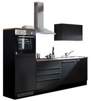 Moderne Küchenzeile in schwarzem Design mit integriertem Backofen, Dunstabzugshaube und Spüle, seitliche Perspektive