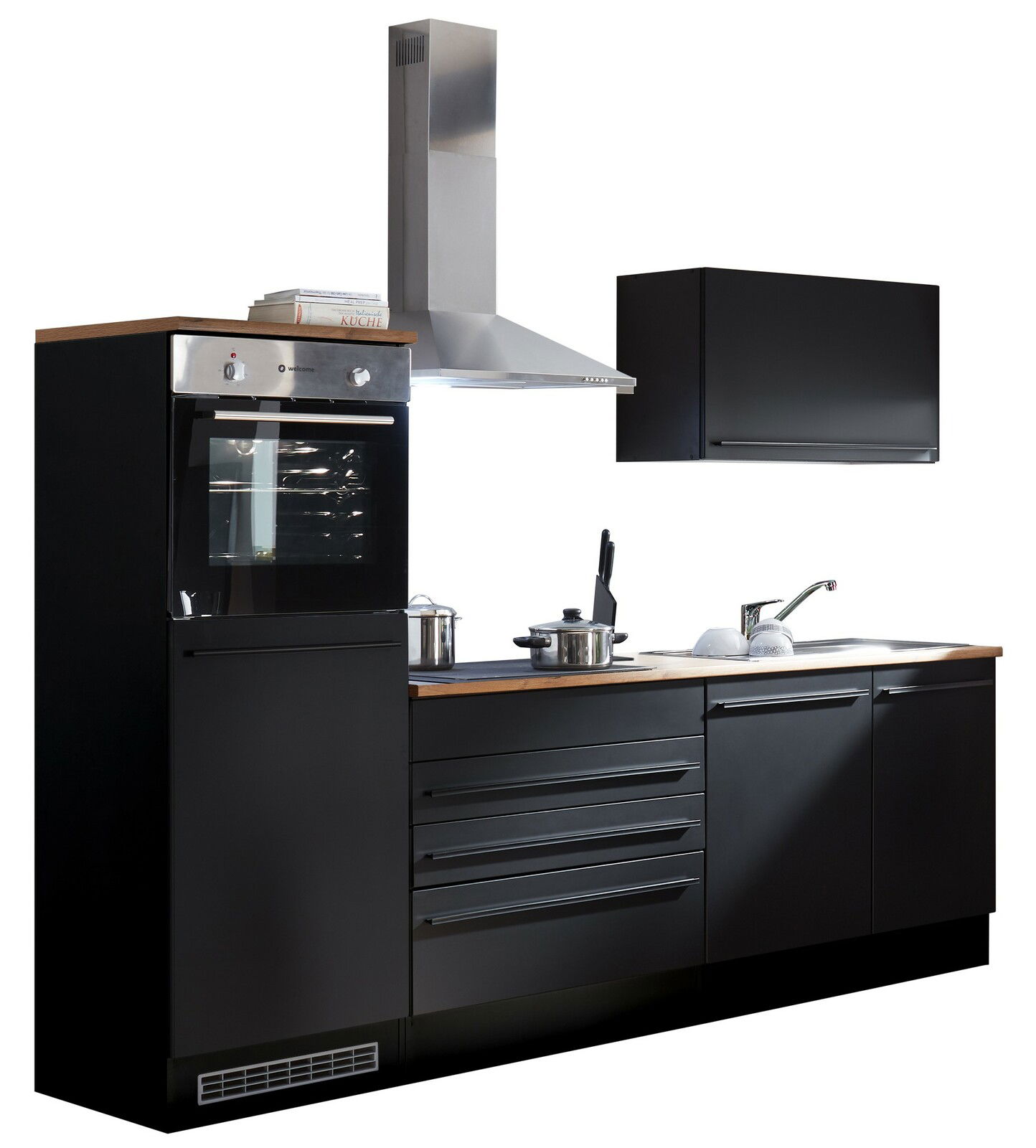 Moderne Küchenzeile in schwarzem Design mit integriertem Backofen, Dunstabzugshaube und Spüle, seitliche Perspektive