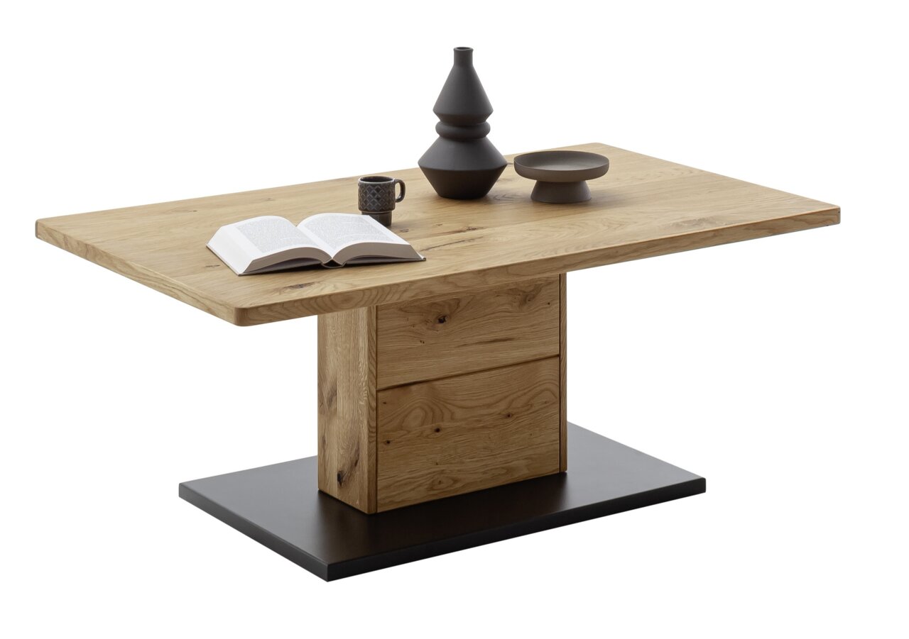 Moderner Couchtisch aus Holz mit rechteckiger Tischplatte, zentralem Standfuß und schwarzer Basis, seitliche Perspektive.