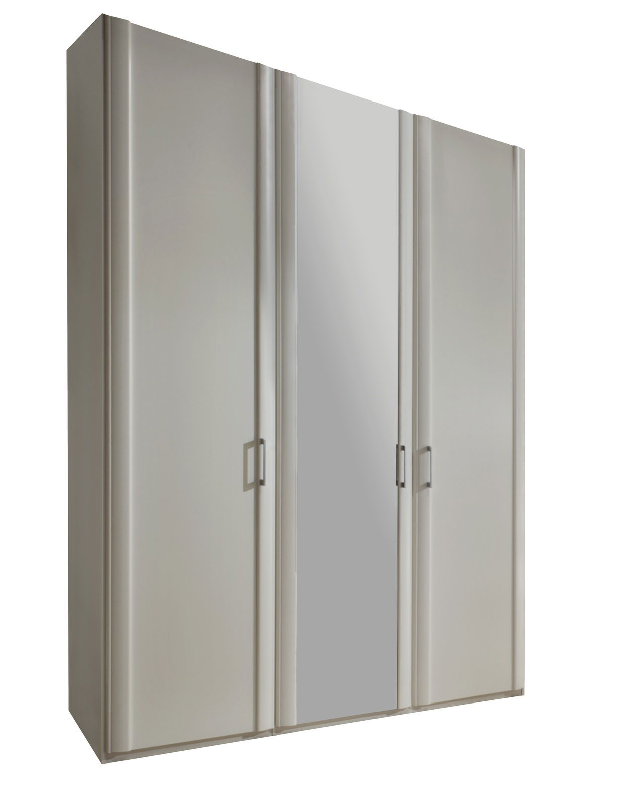 Drehtürenschrank mit vier Türen, davon eine mit Spiegel, in seitlicher Perspektive