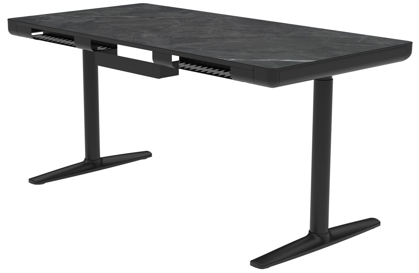 Moderner E-Schreibtisch mit schwarzer Tischplatte und stabilen, höhenverstellbaren Beinen, seitliche Perspektive