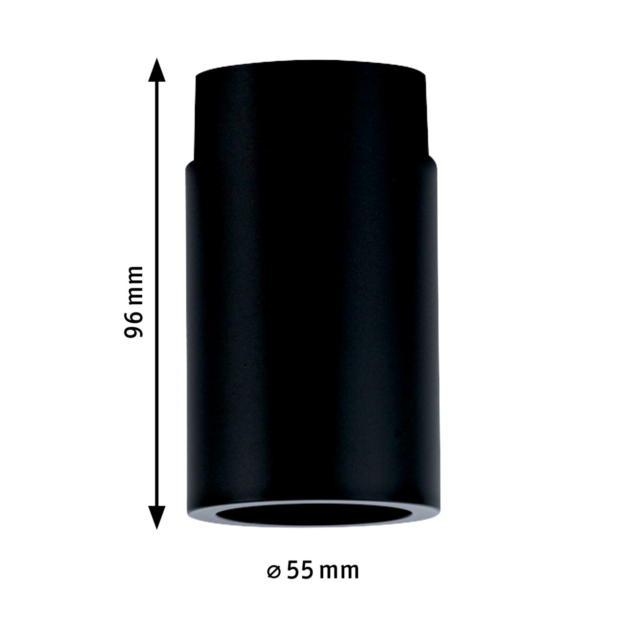 Schwarze zylindrische Deckenfassung, 96 mm hoch und 55 mm Durchmesser, seitliche Ansicht