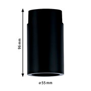 Schwarze zylindrische Deckenfassung, 96 mm hoch und 55 mm Durchmesser, seitliche Ansicht