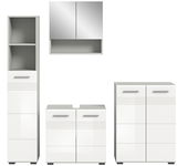 Moderne Badkombination in Weiß mit Hochglanzoberfläche, bestehend aus einem Hochschrank, einem Spiegelschrank und zwei Unterschränken, frontal abgebildet.