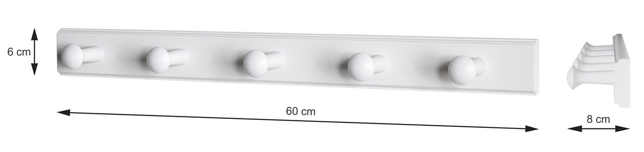 Weiße Garderobenleiste mit fünf Haken, 60 cm lang, 6 cm hoch, 8 cm tief, seitliche und frontale Ansicht.