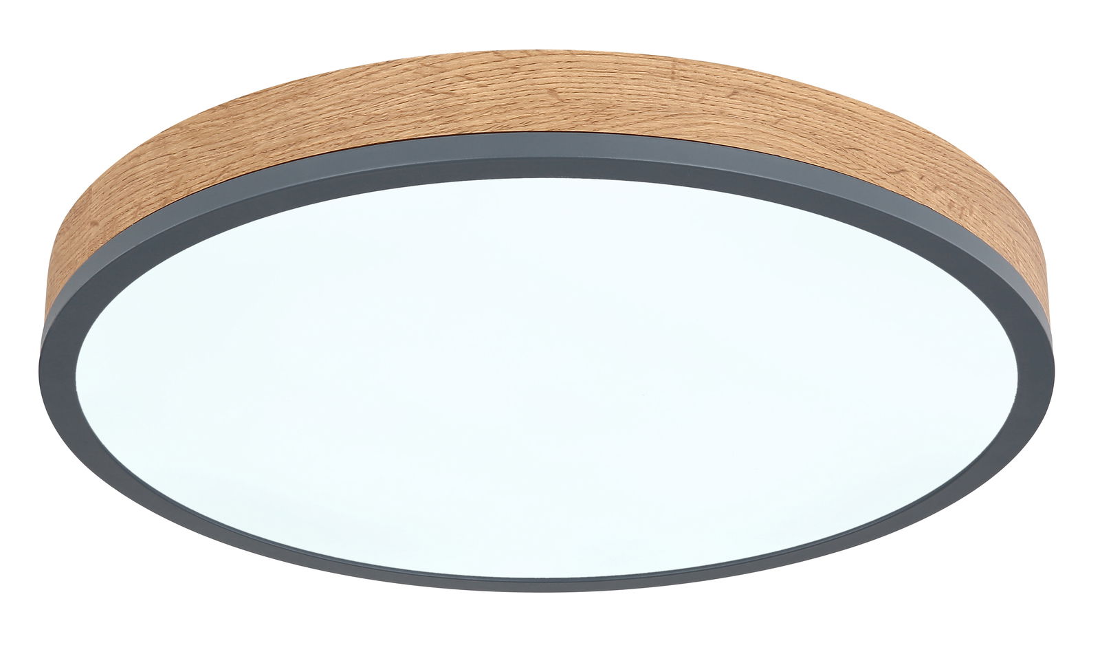 Runde Deckenleuchte DORO mit Holzrahmen und weißer Abdeckung, seitliche Perspektive