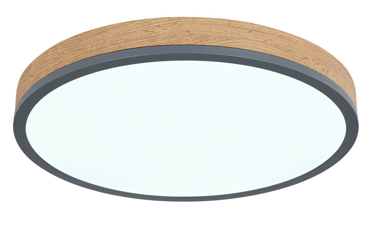 Runde Deckenleuchte DORO mit Holzrahmen und weißer Abdeckung, seitliche Perspektive