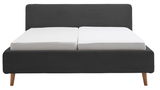 Frontale Ansicht eines modernen Polsterbettgestells mit dunkelgrauem Stoffbezug und Holzfüßen, ausgestattet mit zwei weißen Matratzen.