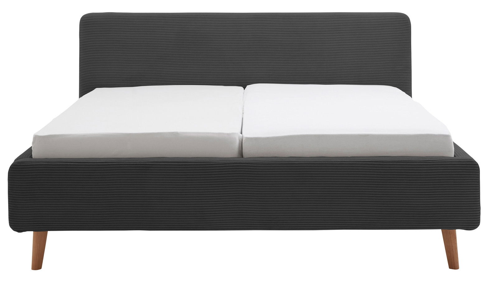 Frontale Ansicht eines modernen Polsterbettgestells mit dunkelgrauem Stoffbezug und Holzfüßen, ausgestattet mit zwei weißen Matratzen.