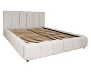 Polsterbettgestell in hellem Stoff mit Lattenrost, seitliche Perspektive