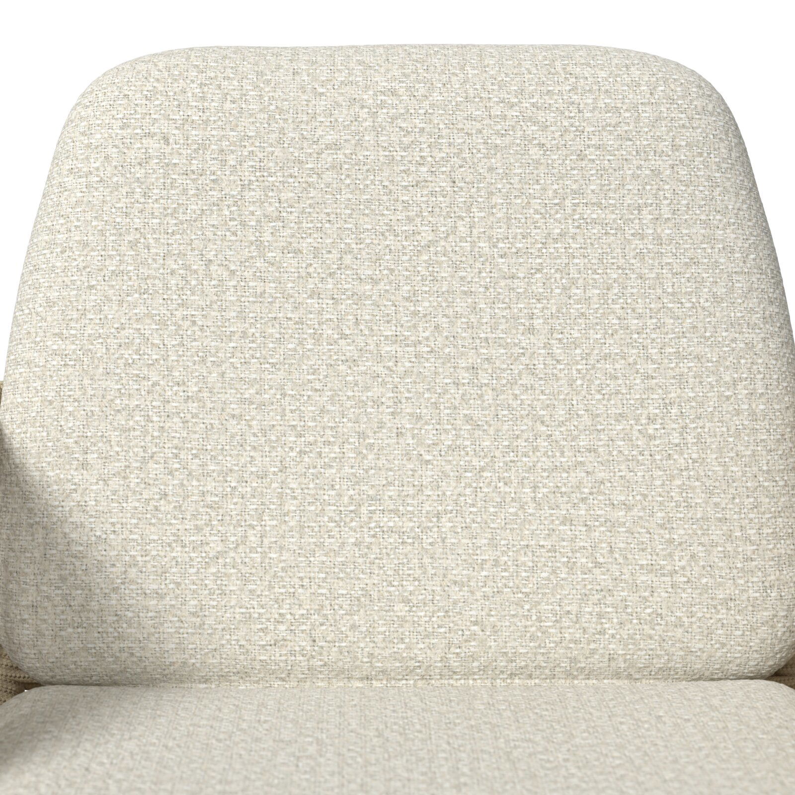 Nahaufnahme der Rückenlehne eines gepolsterten Sessels/Sofas mit hellbeigem, grob gewebtem Stoffbezug, frontal von vorne aufgenommen.