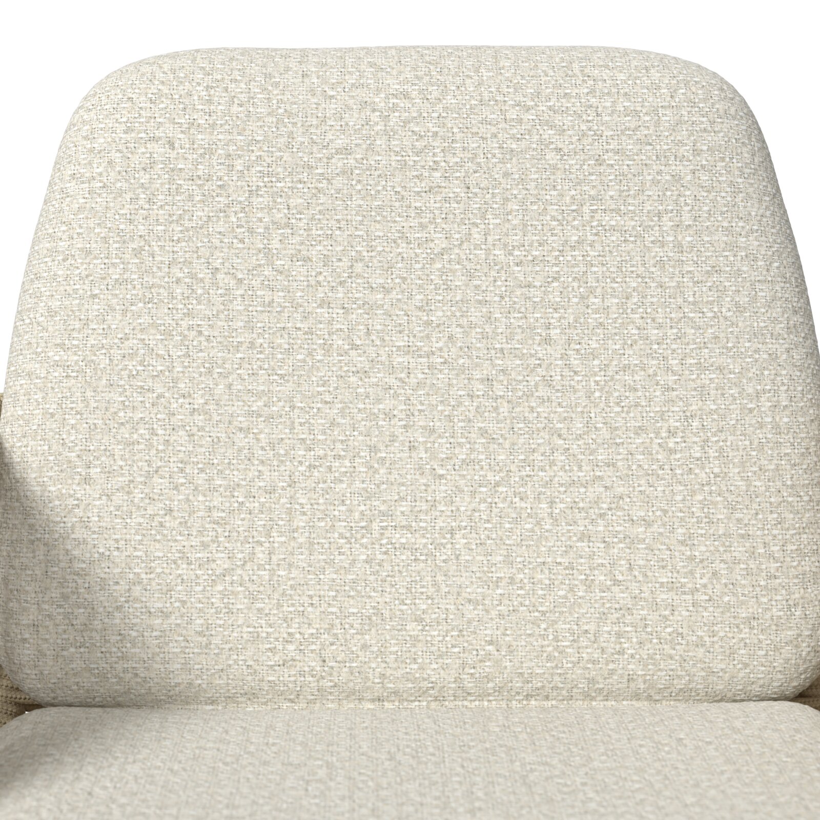 Nahaufnahme der Rückenlehne eines gepolsterten Sessels/Sofas mit hellbeigem, grob gewebtem Stoffbezug, frontal von vorne aufgenommen.