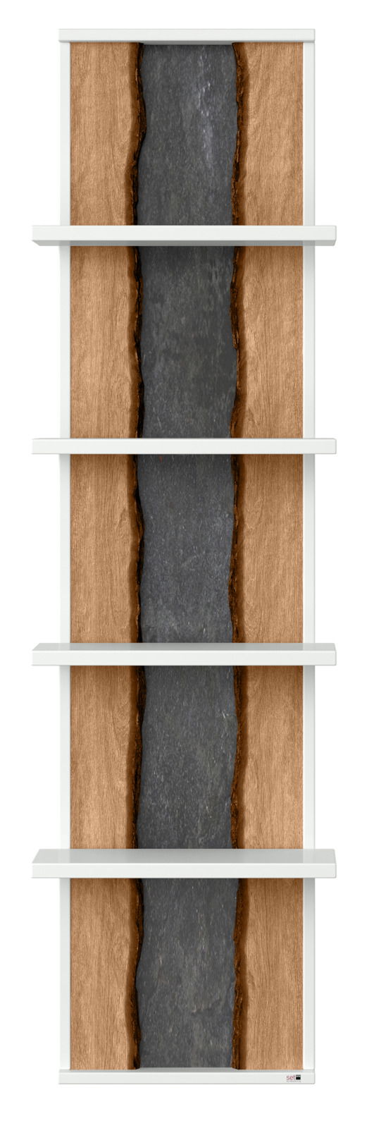 Hängepaneel mit vier Regalböden, Holzoptik mit dunklem Mittelstreifen, Frontalansicht