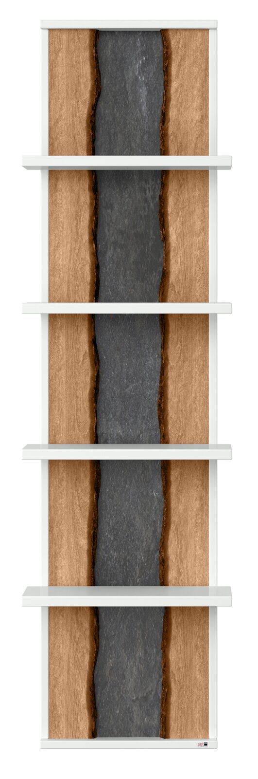 Hängepaneel mit vier Regalböden, Holzoptik mit dunklem Mittelstreifen, Frontalansicht