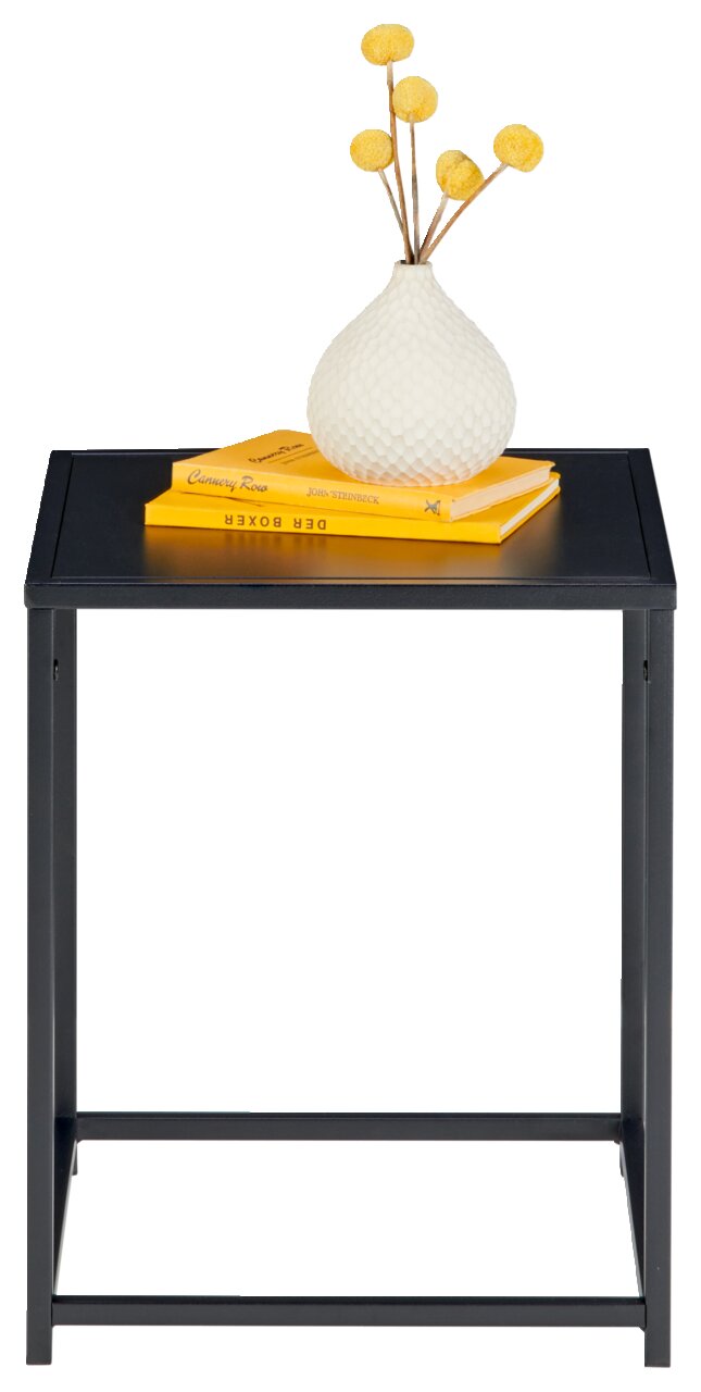 Schwarzer Beistelltisch mit gelben Büchern und weißer Vase, frontal betrachtet.