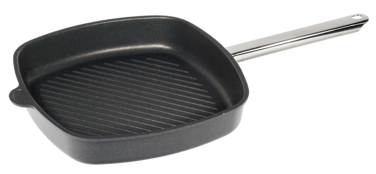 Eckpfanne mit Grillboden, quadratisch, 28x28 cm, mit langem Griff, aus der Vogelperspektive