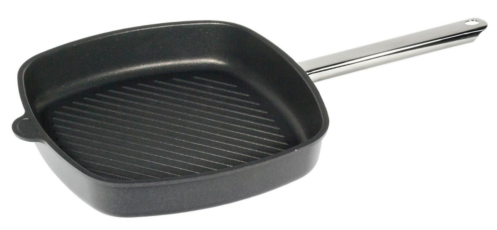 AMT Eckpfanne mit Grillboden Ø28cm Eckpfanne mit Grillboden, quadratisch, 28x28 cm, mit langem Griff, aus der Vogelperspektive