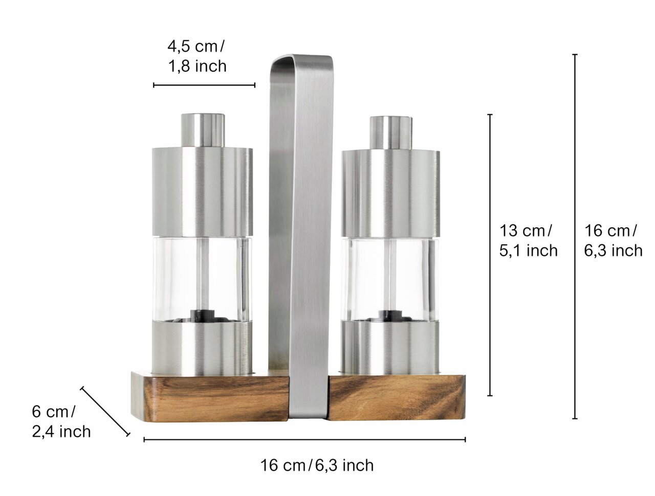 MENAGE-set met peper- en zoutmolen van roestvrij staal en hout, zijaanzicht met afmetingen.