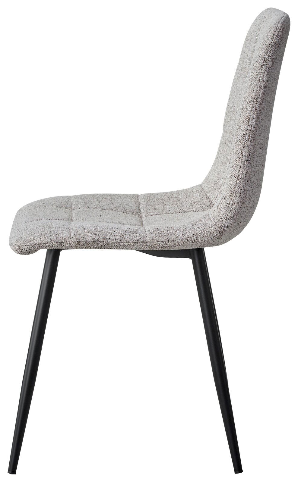 Moderner Stuhl mit grauem Stoffbezug und schwarzen Metallbeinen, Seitenansicht