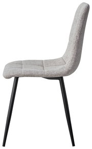 Moderner Stuhl mit grauem Stoffbezug und schwarzen Metallbeinen, Seitenansicht
