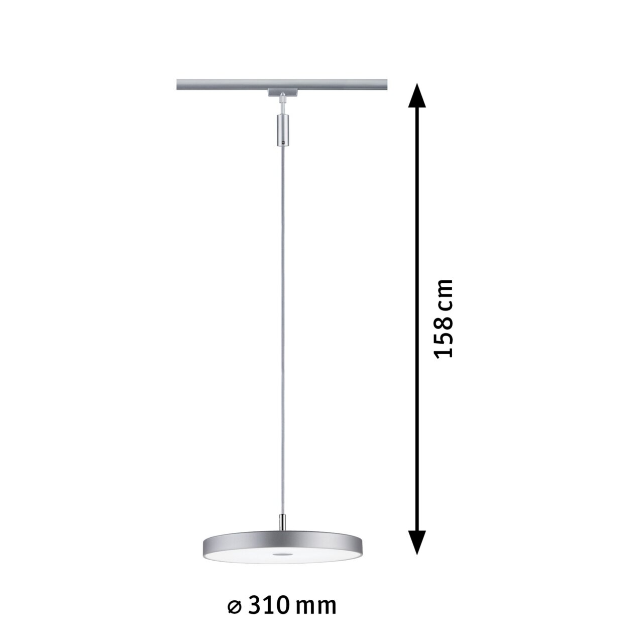 Schienenpendel Hildor, silberne Pendelleuchte mit einem Durchmesser von 310 mm und einer Länge von 158 cm, seitliche Ansicht.