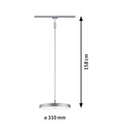 Hildor-railhanglamp, zilveren hanglamp met een diameter van 310 mm en een lengte van 158 cm, zijaanzicht.