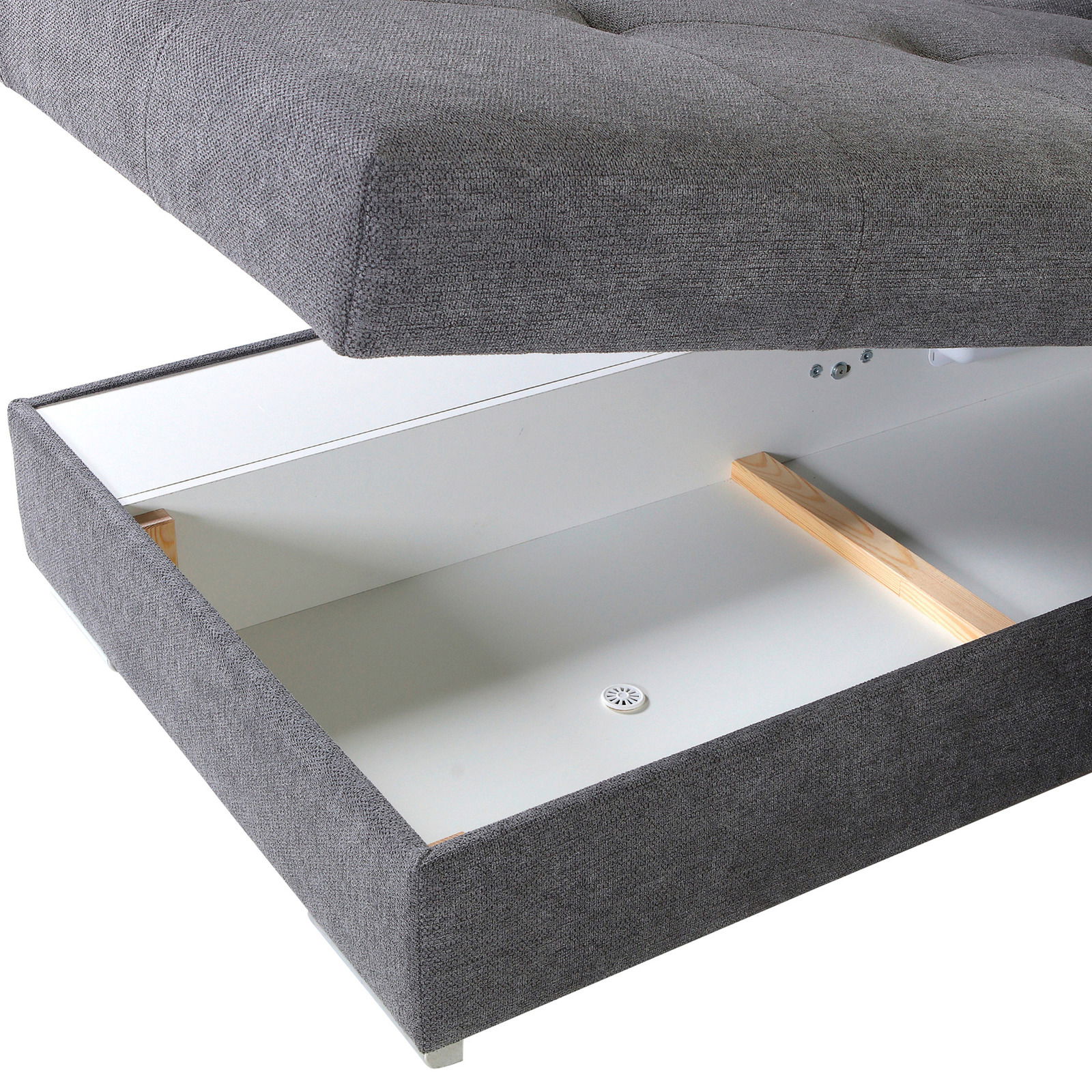 Graue Polsterecke mit Stauraum, geöffnete Ansicht von oben