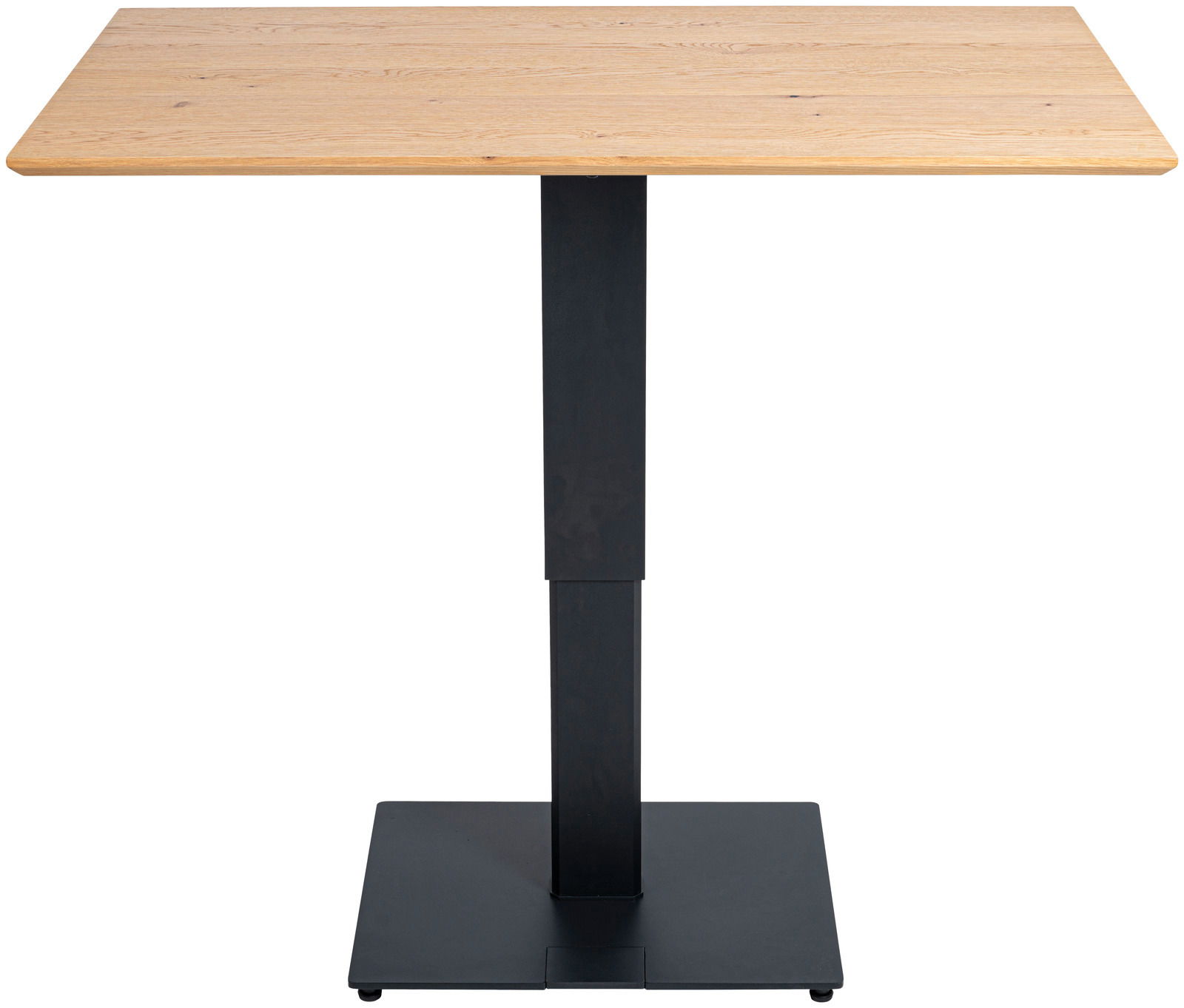 Moderner Ess- und Bartisch mit rechteckiger Holzplatte und schwarzem Metallgestell, Frontalansicht.