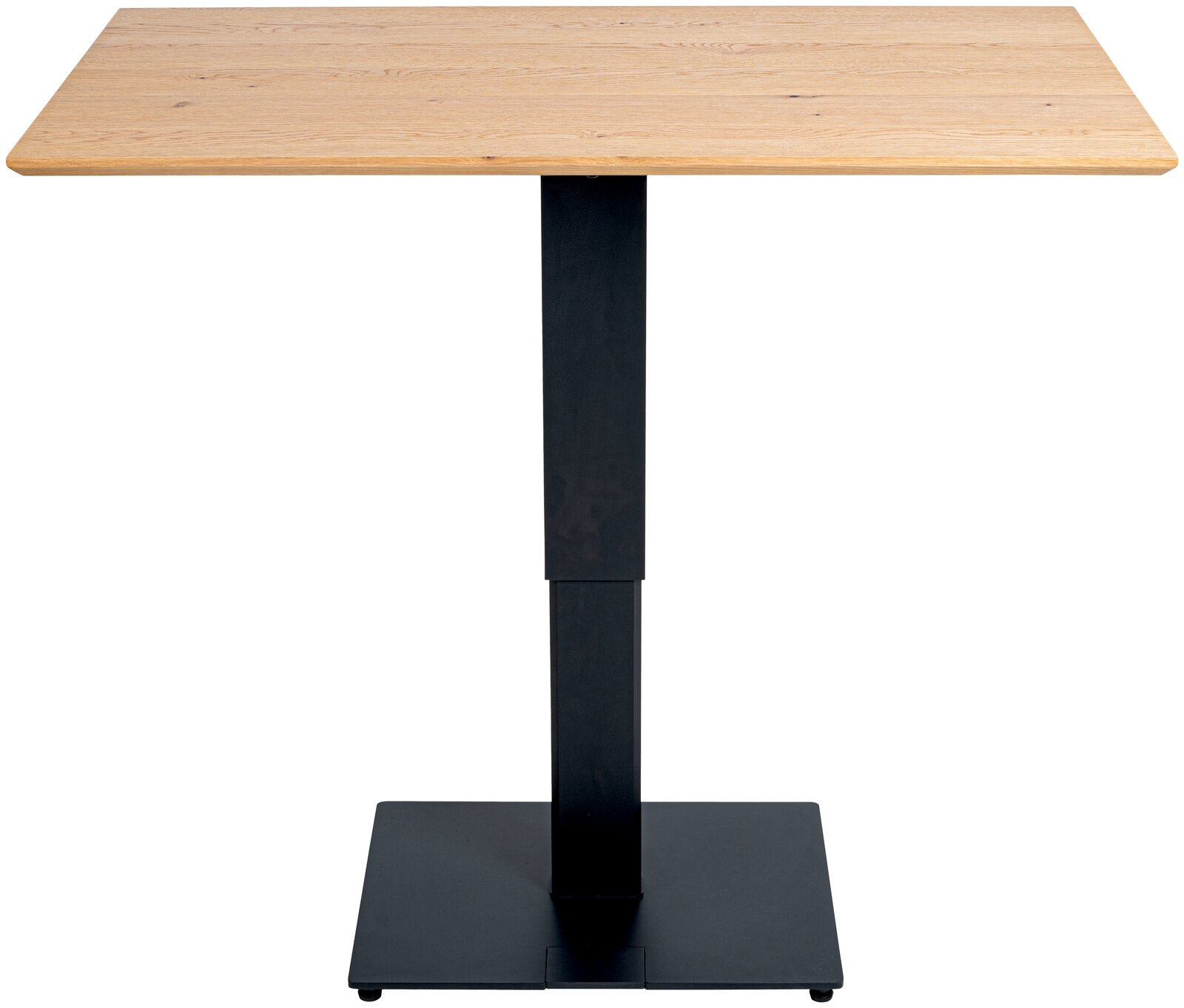 Moderner Ess- und Bartisch mit rechteckiger Holzplatte und schwarzem Metallgestell, Frontalansicht.