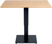 Moderner Ess- und Bartisch mit rechteckiger Holzplatte und schwarzem Metallgestell, Frontalansicht.