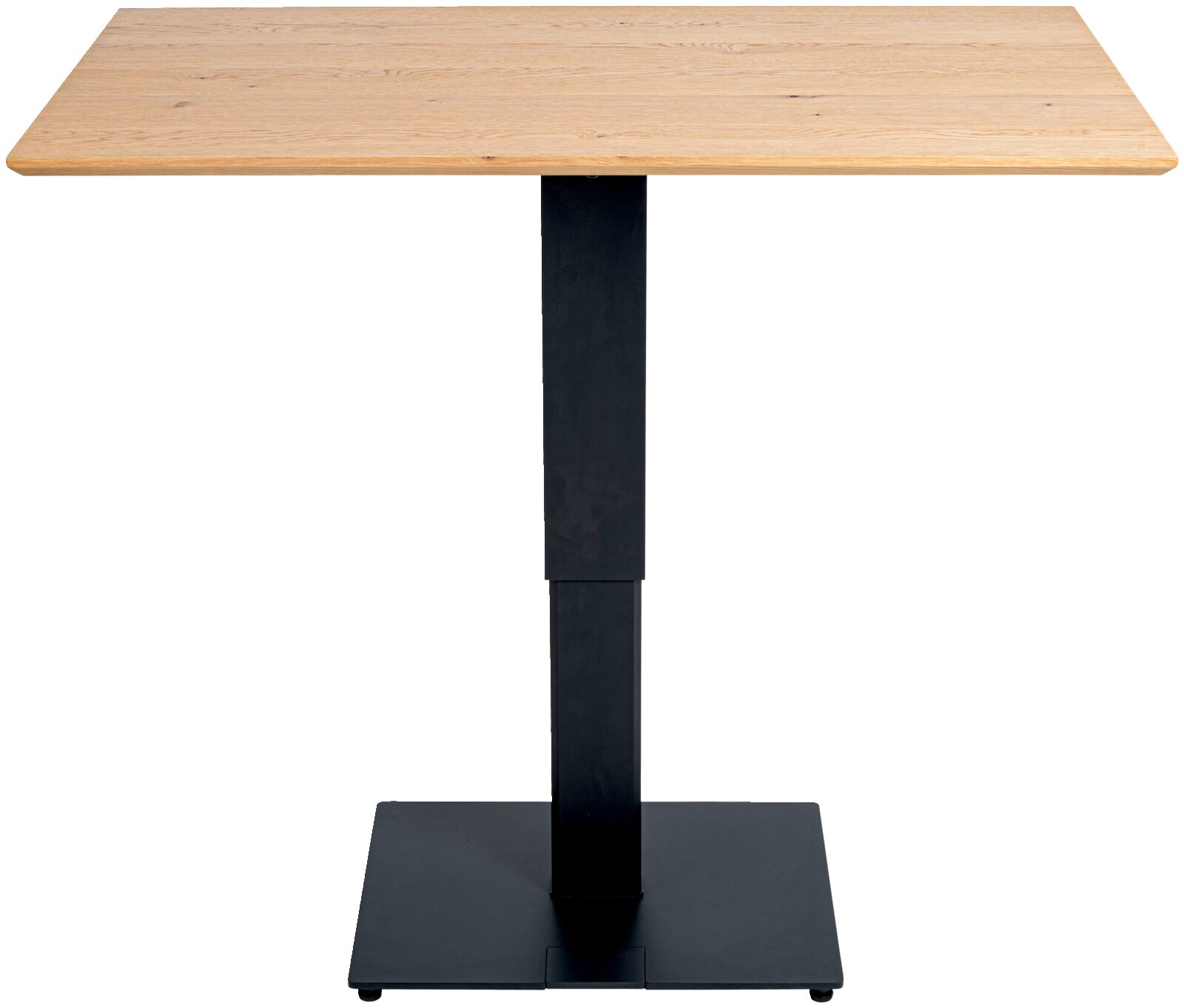Moderne eet- en bartafel met rechthoekig houten blad en zwart metalen onderstel, gezien van voren.