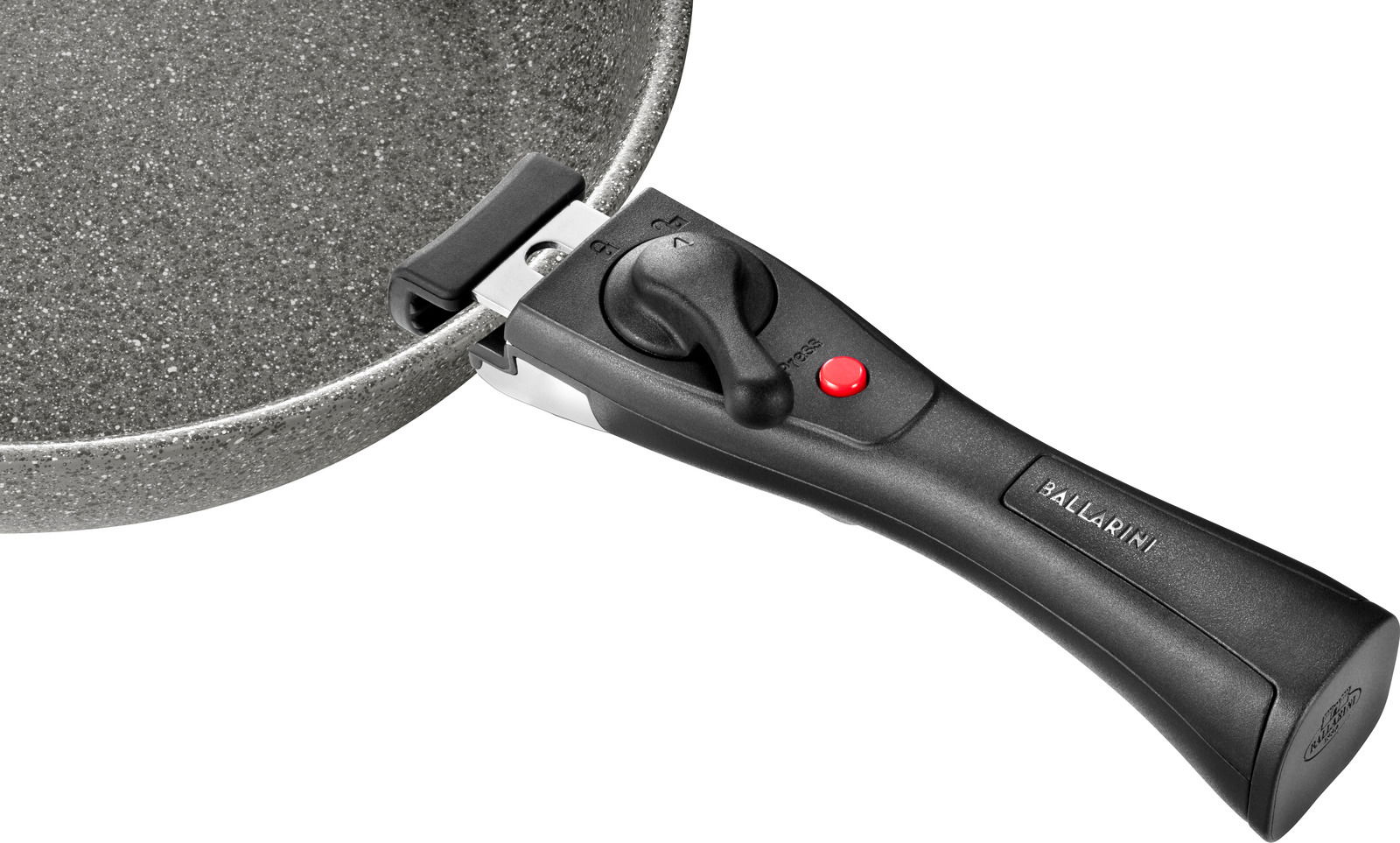 Nahaufnahme einer grauen Pfanne mit abnehmbarem schwarzen Griff, seitliche Perspektive.