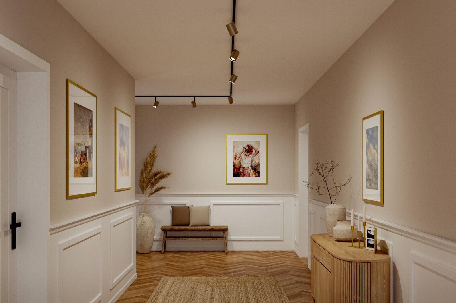 Moderner Flur mit schwarzer Decken-Stromschiene und mehreren Spotlights, beige Wände mit weißen Wandpaneelen, Holzbank und gerahmte Bilder; Perspektive: frontale Raumansicht aus Augenhöhe mit Blick in den Flur