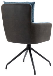 Rückansicht eines Sessels mit schwarzem Metallgestell und blauer Polsterung.