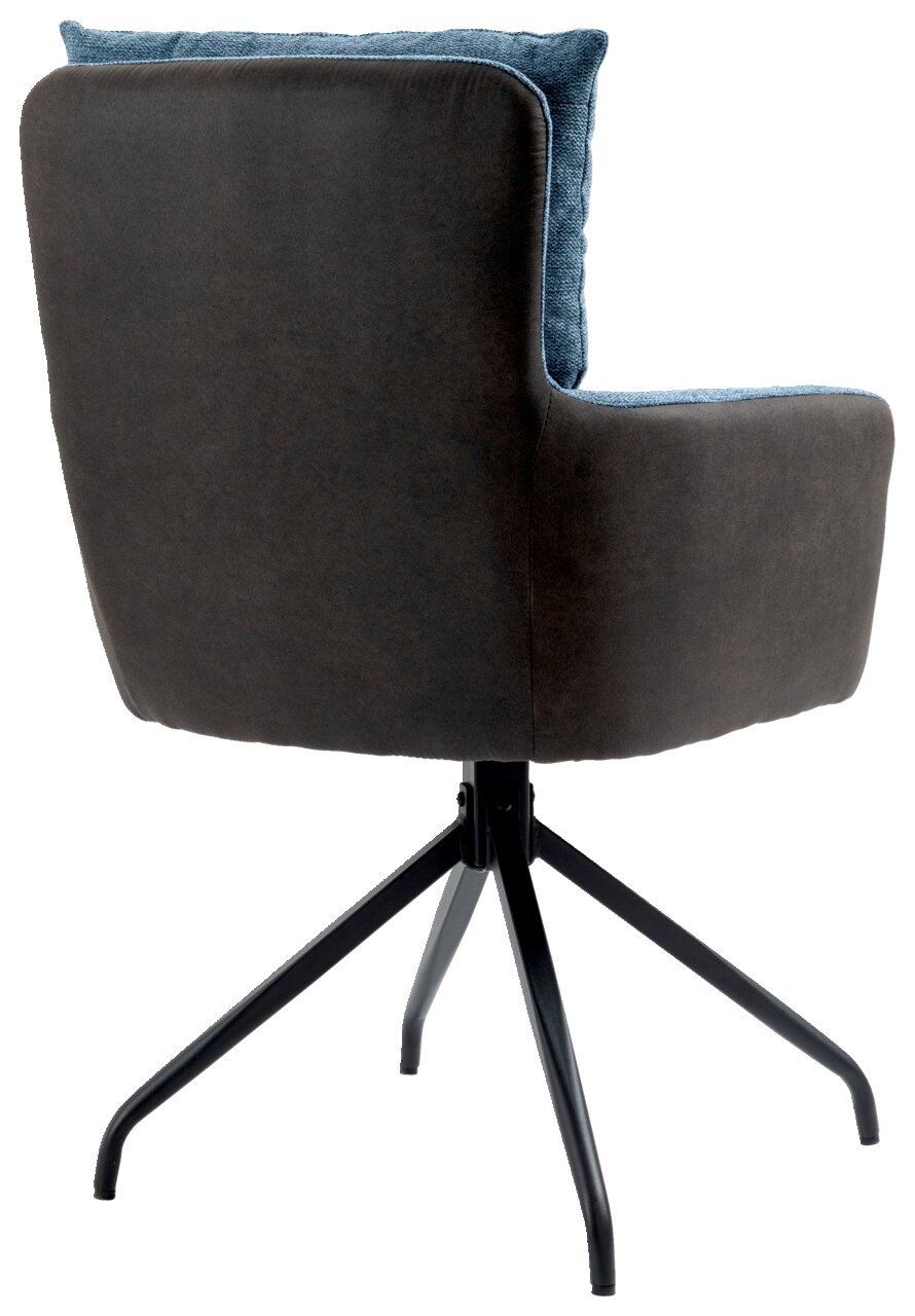 Rückansicht eines Sessels mit schwarzem Metallgestell und blauer Polsterung.