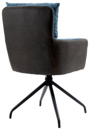 Rückansicht eines Sessels mit schwarzem Metallgestell und blauer Polsterung.