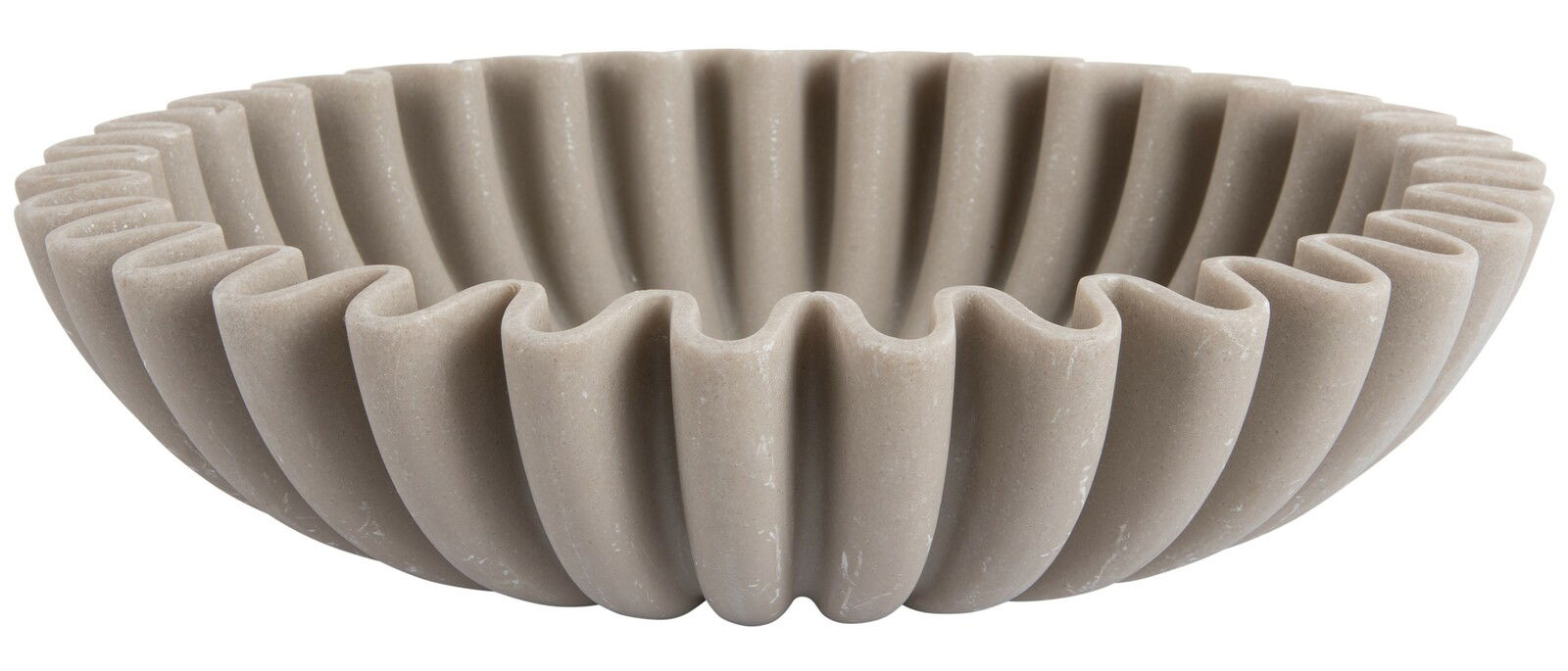 Große, hellgraue Schale mit wellenförmigem Rand, seitliche Perspektive