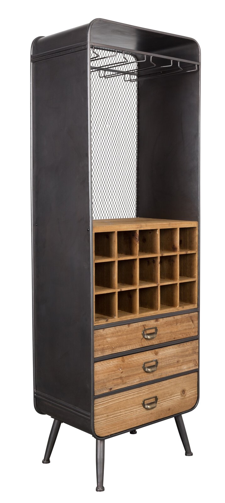 Weinregal aus Metall und Holz mit 16 Flaschenfächern und drei Schubladen, seitliche Perspektive