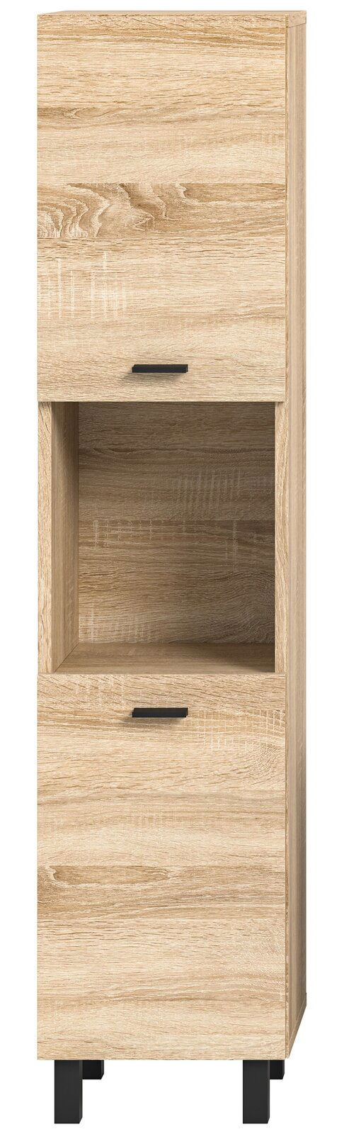 Moderner Badschrank aus Holz mit zwei Türen und einem offenen Fach, frontal betrachtet.