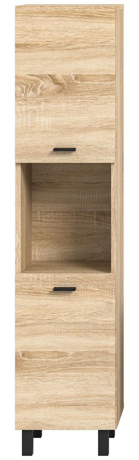 Moderner Badschrank aus Holz mit zwei Türen und einem offenen Fach, frontal betrachtet.